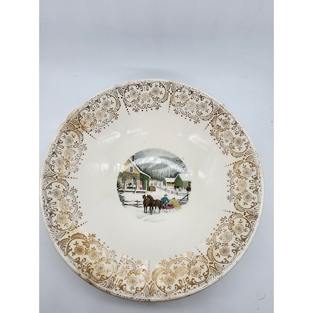 Royal Monarch Currier & Ives Winter Scene Bowl 22KT Gold Filigree Rim Vintage